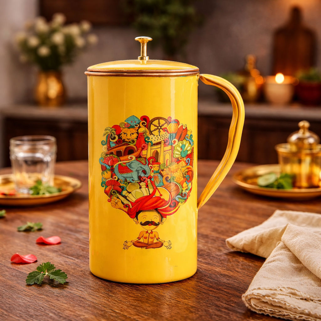 Pure copper printed jug padharo mhare desh design rajasthan pagdi art, 2000 ML